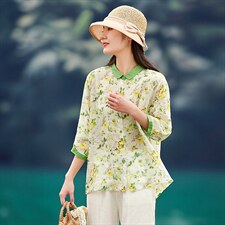 2026年春季女短袖宽松亲肤透气文艺风苎麻，女装衬衫，江南依恋