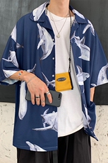 2021夏季新款男士鲨鱼印花宽松短袖衬衫百搭外套潮D85P48，男装衬衫，电商A335-1（原A458）