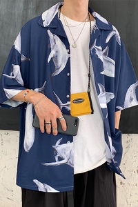 2021夏季新款男士鲨鱼印花宽松短袖衬衫百搭外套潮D85 P48图片