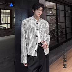 W73小香风短款垫肩格子外套男高级感痞帅飞行夹克新中式西服上衣，男装西服，星座308A-1（原309B-1）