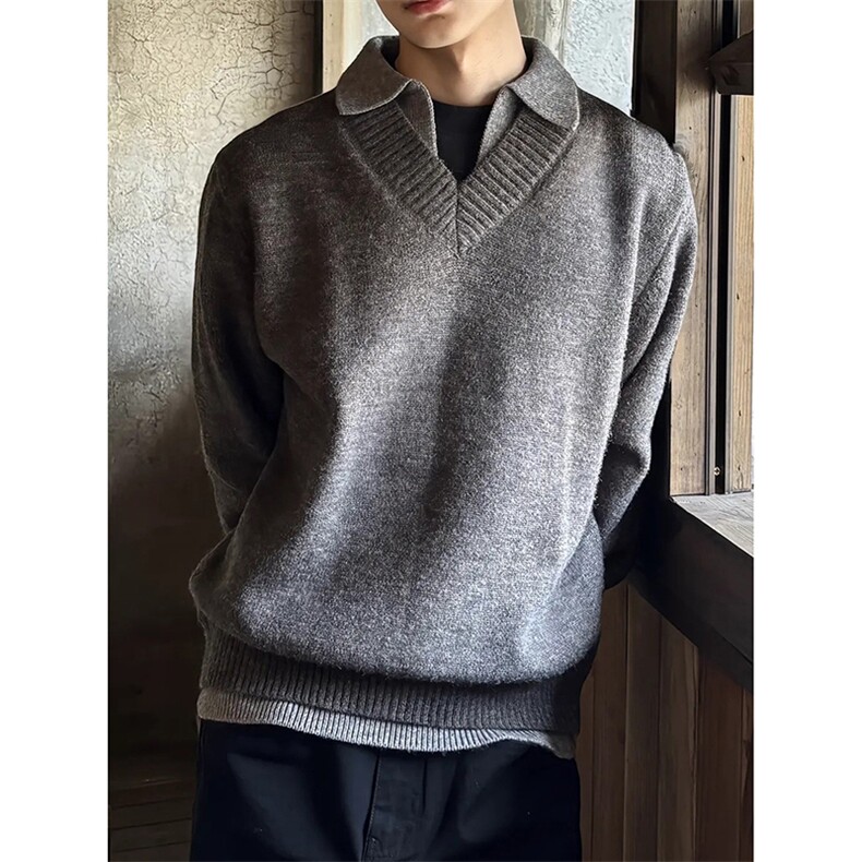 重磅北极绒假两件衬衫领毛衣美式高街复古休闲慵懒纯色翻领针织衫，男装针织衫/毛衣，电商A486-1