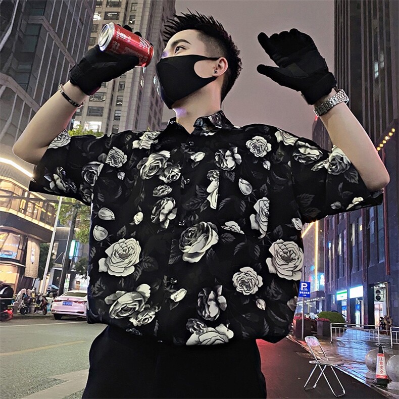 S52/P58控78夏季社会小伙不规则复古花朵垂感短袖衬衫男黑首1,男装衬衫,星座305B