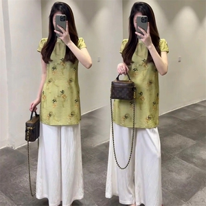 TOUCH MISS时尚气质套装女夏新中式盘扣旗袍短袖上衣阔腿裤两件套图片