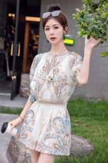 欧货风复古印花时尚套装女2023年夏季新款天丝阔腿短裤两件套，女装套装/套裙，韩蜜菓