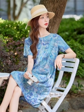 洋气减龄棉麻碎花连衣裙女夏2026新款宽松遮肚显瘦a字亚麻印花裙，女装连衣裙，倪叶myz