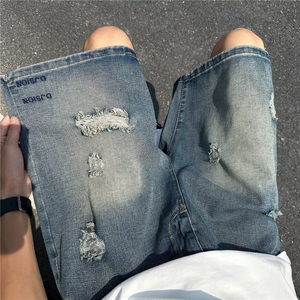 潮牌设计感拼接牛仔短裤男夏季水洗蓝宽松马裤休闲穿搭五分裤中裤图片