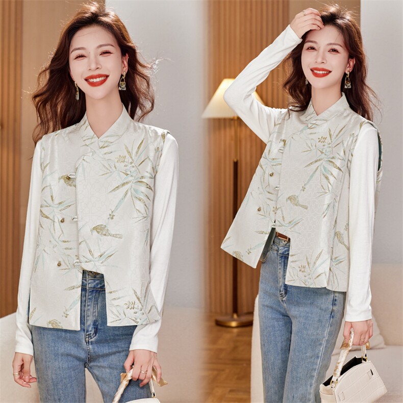 水衣源2360款新中式提花烫金竹叶花复古风马甲，女装马甲，水衣源