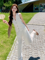 时尚洋所马甲套装女夏季新款职场风V领西装马夹外套阔腿裤两件套，女装套装/套裙，水衣源