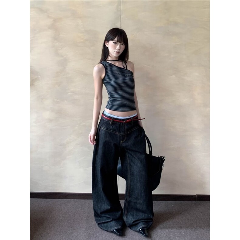 直筒牛仔裤女2025秋季新款高腰宽松显瘦深蓝色丹宁复古窄版阔腿裤,男装牛仔裤,星座506A