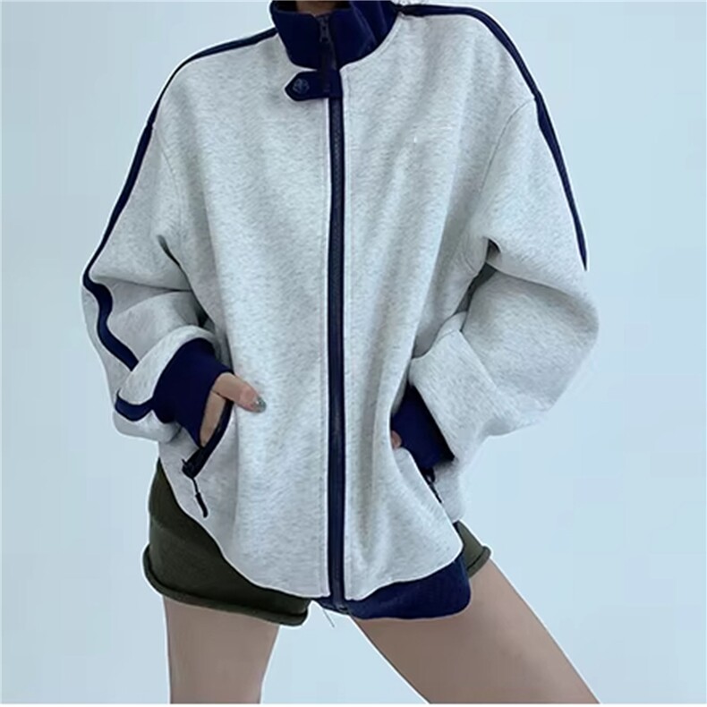 WY841-P65-450克美式慵懒chic新款复古撞色运动休闲立领卫衣外套图片