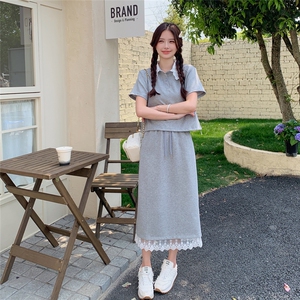 设计感蕾丝拼接T恤套装裙女2025夏季新款高级感休闲半身裙两件套图片