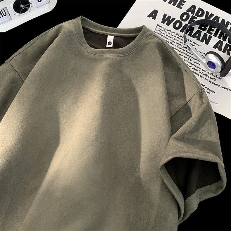 抖音得物直播高品质二开240克美式高街麂皮绒光版纯色短袖t恤12.5，男装T恤，电商A486-1