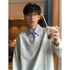 现货小众假两件美式复古POLO衫男春秋高级感情侣拼接条纹长袖T恤，男装T恤，星座302B
