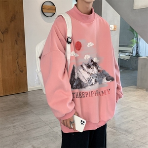 加绒加厚高领卫衣油画印花落肩袖情侣款打底衫男 XZ514-2-G83-P48图片