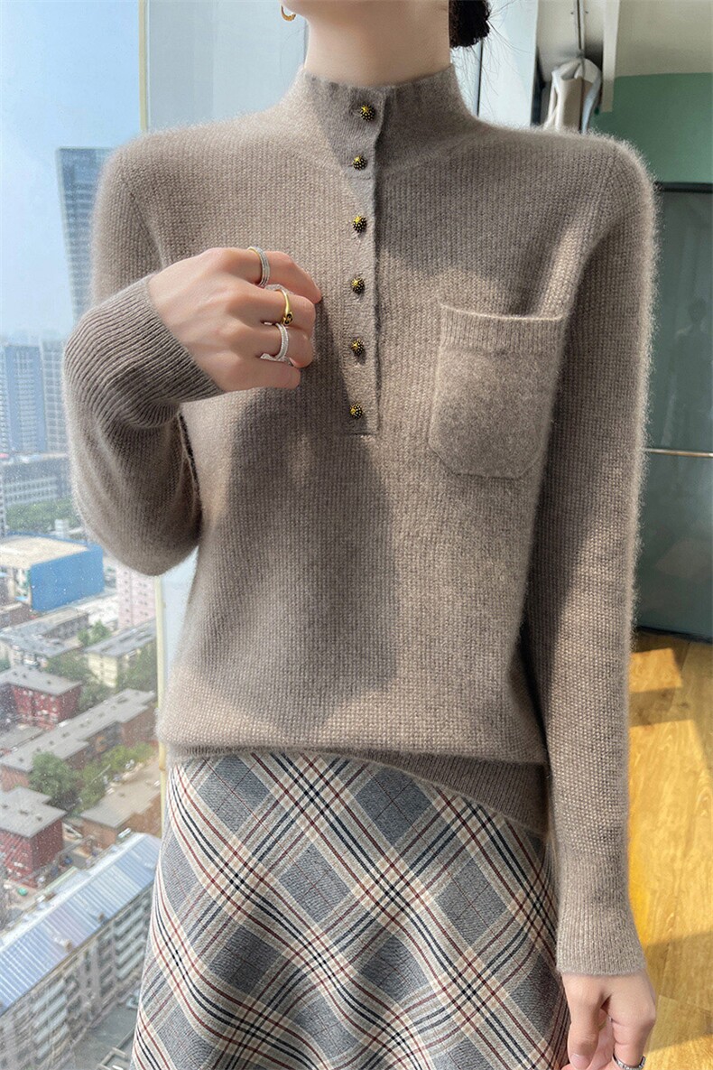 25秋冬新款100%纯羊毛衫女半高领系扣带兜套头毛衣羊绒针织打底衫,女装羊毛衫,百越羊绒