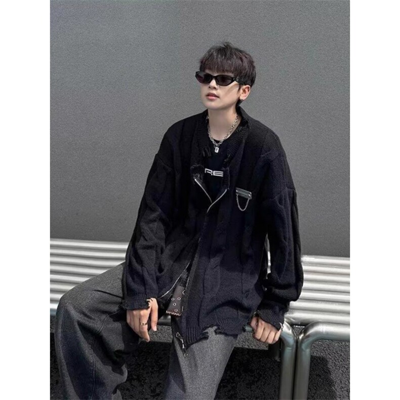 拉链开衫破洞针织衫男女秋季2025年新款宽松外搭上衣设计感小众，男装针织衫/毛衣，星座506A