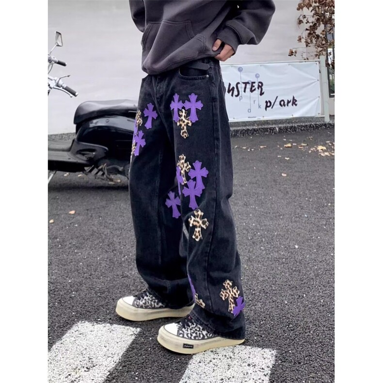 十字架撞色拼皮牛仔裤男女高腰显瘦美式复古高级感直筒休闲裤潮,男装皮裤,星座410-6（原星座1304-1）