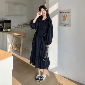 黑色长袖娃娃领连衣裙女春秋季2025超火新款蝴蝶结收腰显瘦长裙子图片