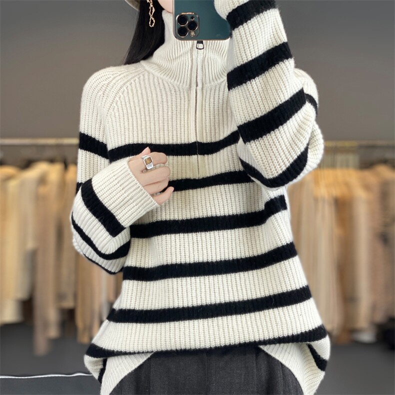 秋冬加厚100%纯羊毛衫女半开领拉链针织衫毛衣宽松拼色羊绒衫上衣，女装羊毛衫，大美人包芯纱店