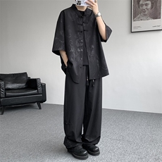 风男装中式盘扣冰丝套装立领短袖衬衫唐装两件套TZ1702特P80，男装衬衫，电商B238