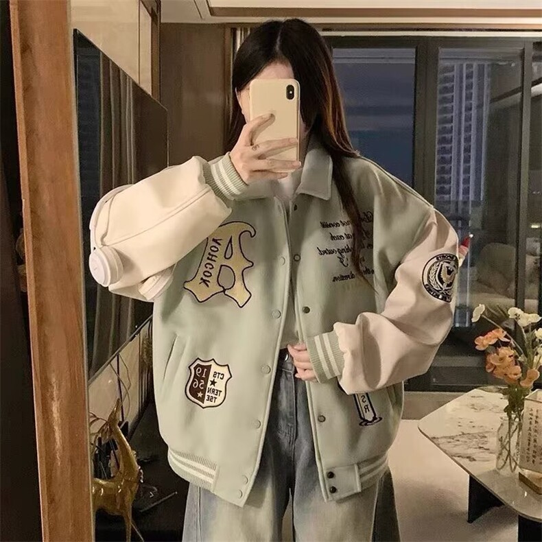 早春美式皮袖棒球服外套女2026新款刺绣拼色潮宽松休闲学生夹克,男装夹克,星座715-4
