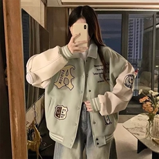 早春美式皮袖棒球服外套女2026新款刺绣拼色潮宽松休闲学生夹克，男装夹克，星座715-4