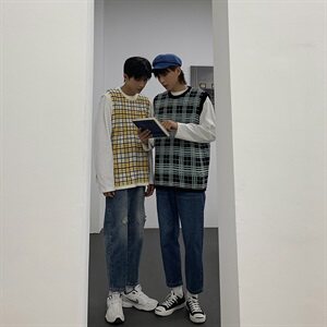 韩版背心男宽松个性格子潮流复古马甲毛衣 T016-P55图片