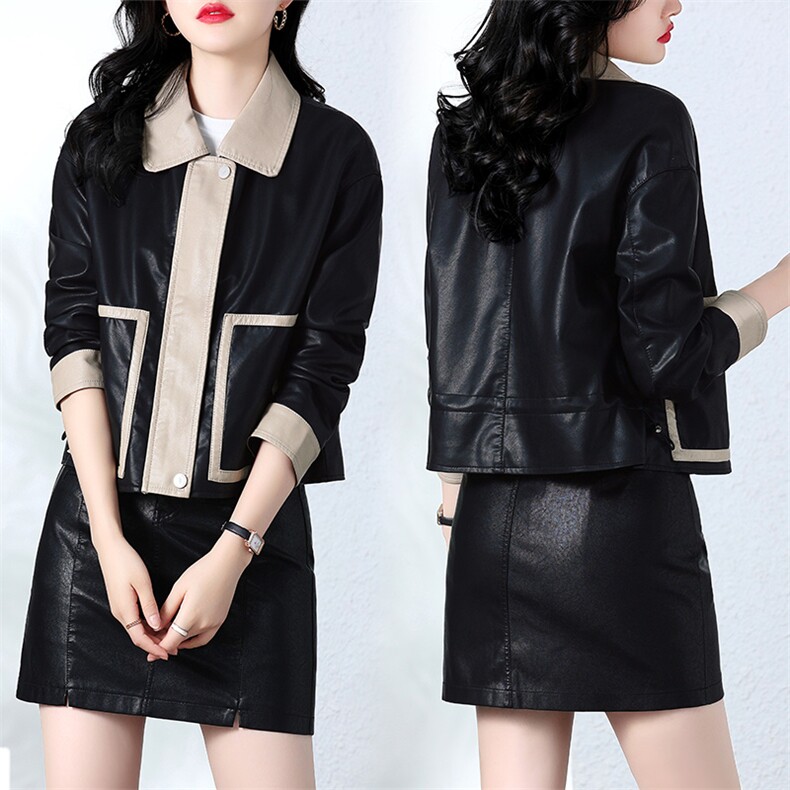 【现货主推加绒了】2024年秋冬季新款修身显瘦显高拼接皮衣外套女，女装皮衣，潮流依族