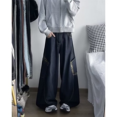 长裤春秋美式复古豹纹拼接弯刀牛仔裤阔腿，男装牛仔裤，星座716-3