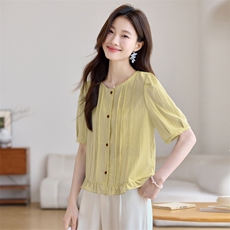 法式蕾丝边圆领荷叶边下摆短款显瘦衬衫女2025夏季新款小个子上衣，女装衬衫，简韵佳