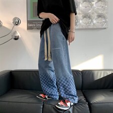牛仔裤男秋季潮大码休闲裤子高街大抽绳棋盘格牛仔裤NZ22P45，男装牛仔裤，星座1116-2