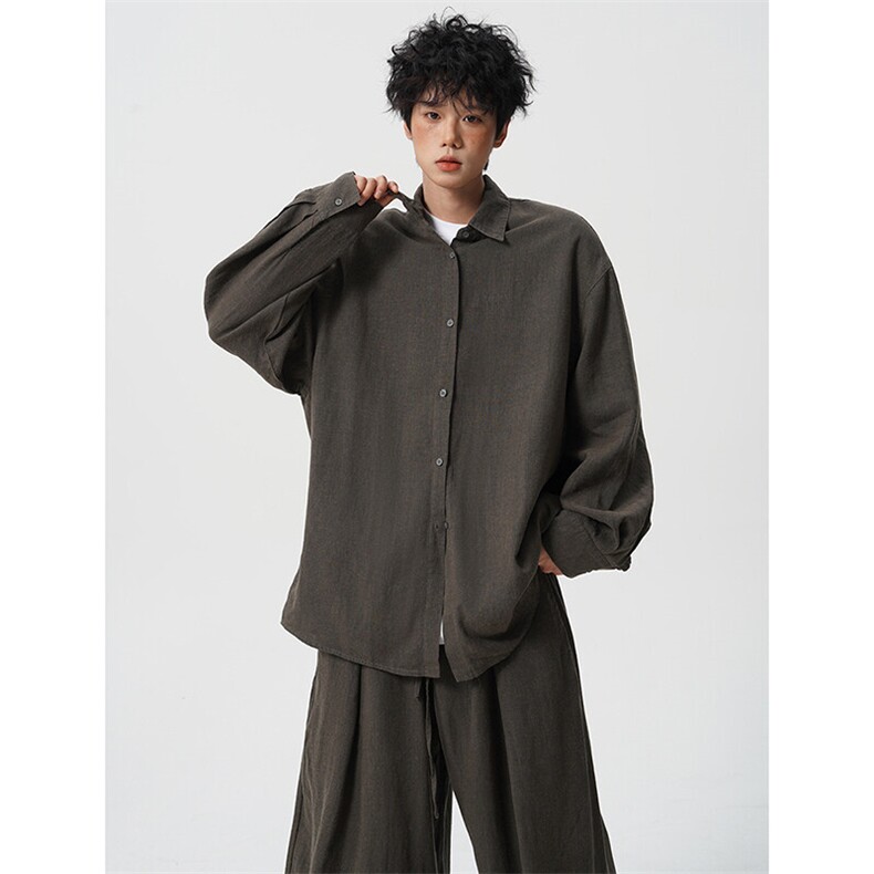 8XL-M麻天丝套装慵懒宽松衬衫抽绳阔腿裤夏季薄款防晒衣男TZ111,男装防晒衣,电商D206-1