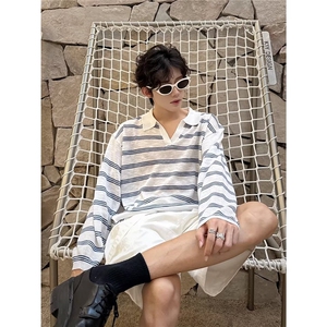 夏季薄款撞色条纹针织长袖T恤男女宽松休闲慵懒防晒上衣图片