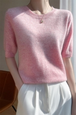 云朵般软糯!衫半袖女纯色宽松圆领短袖打底五分袖毛衣，女装T恤，轩妮羊绒