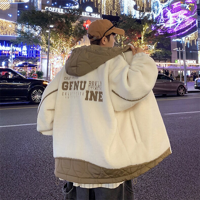 羊羔毛连帽双拼色假两件棉衣字母刺绣外套棉衣-8608-p145，男装棉衣，电商A020