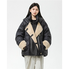 新标90%羽绒羊羔毛拼pu皮假两件连帽女士羽绒服上衣8339/P330，男装皮衣，星座202-3