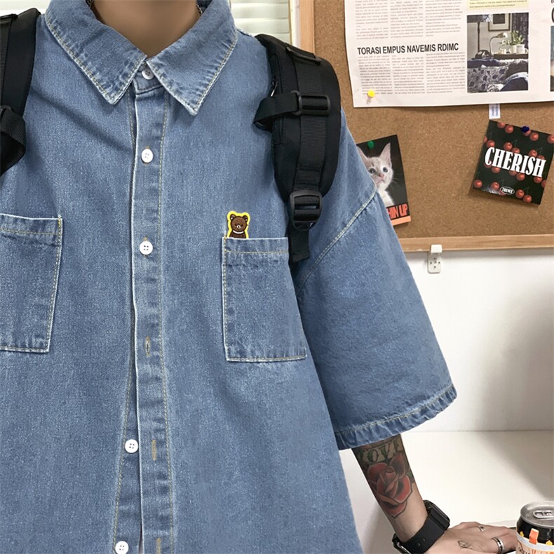 男士短袖夏季2024新款水洗牛仔布衬衫 W1352 P40图片