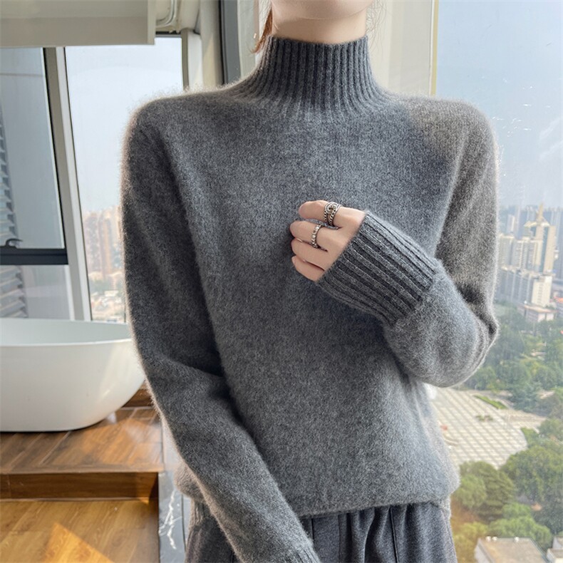 25秋冬100%纯羊毛衫女加厚半高领长袖毛衣宽松打底针织羊绒衫上衣,女装羊毛衫,美轩羊绒