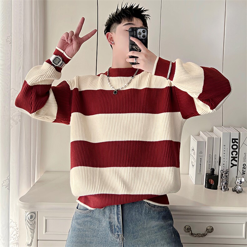 AM26/P88控118冬季社会小伙撞色条纹百搭打底针织衫毛衣男红首1，男装T恤，星座305B-1