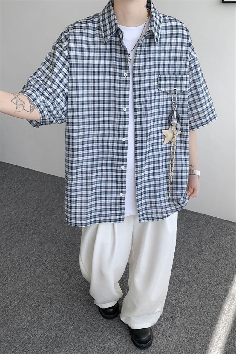 CS1151-特批40控78夏季新款男女格子短袖大码男衬衫（带配件）,男装T恤,电商A059