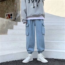 新款男士大口袋牛仔裤韩版潮流时尚束脚裤子宽松长裤子k1801-p45图片