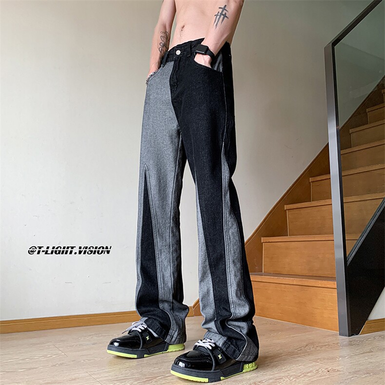 B221美式ins高街小众情侣个性款拼接微喇牛仔裤LK23095-P65控88,男装牛仔裤,电商B221