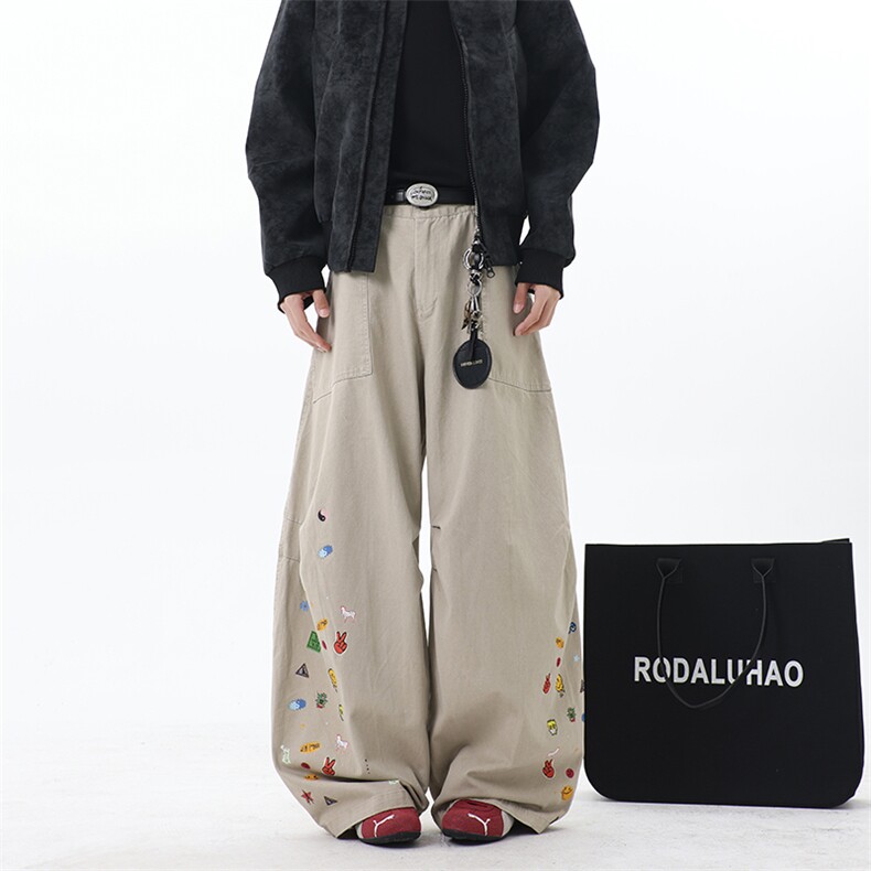 美式复古趣味印花做旧弯刀工装裤男女设计感宽松阔腿裤，男装工装外套，星座410-6（原星座1304-1）