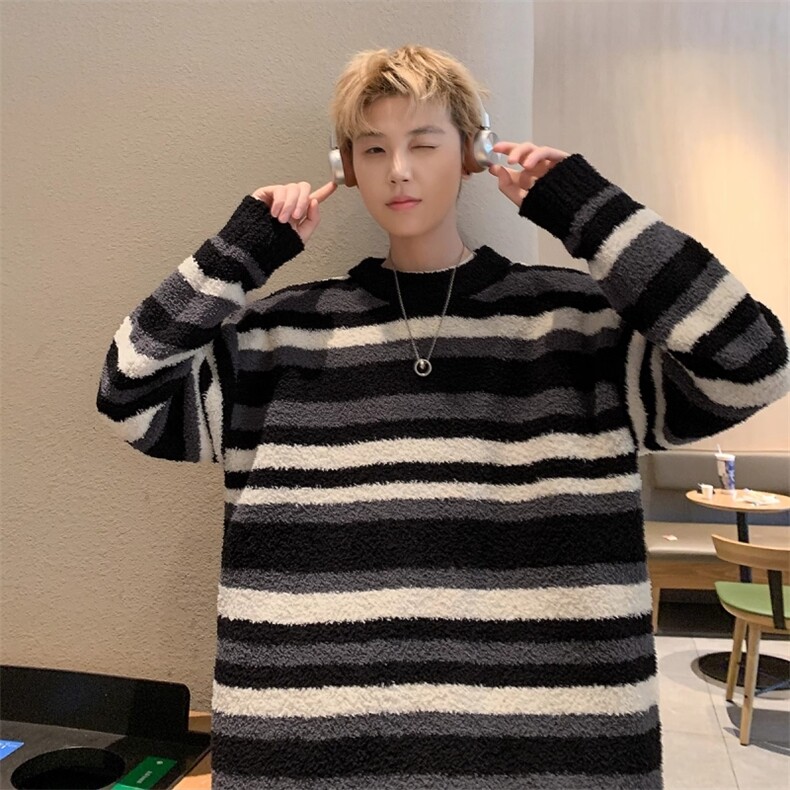 1506-1/MY131/P56秋冬季撞色条纹毛衣男生加厚保暖宽松慵懒设计,男装针织衫/毛衣,星座1506-1