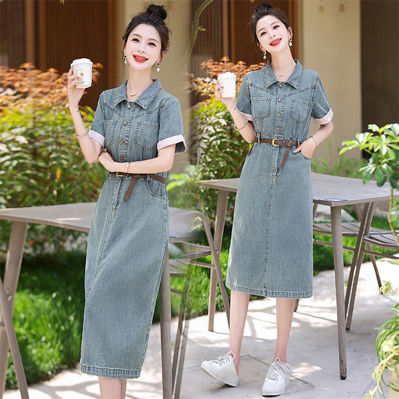 2024夏季新款韩版拼接中长款水洗牛仔连衣裙，女装连衣裙，超帛