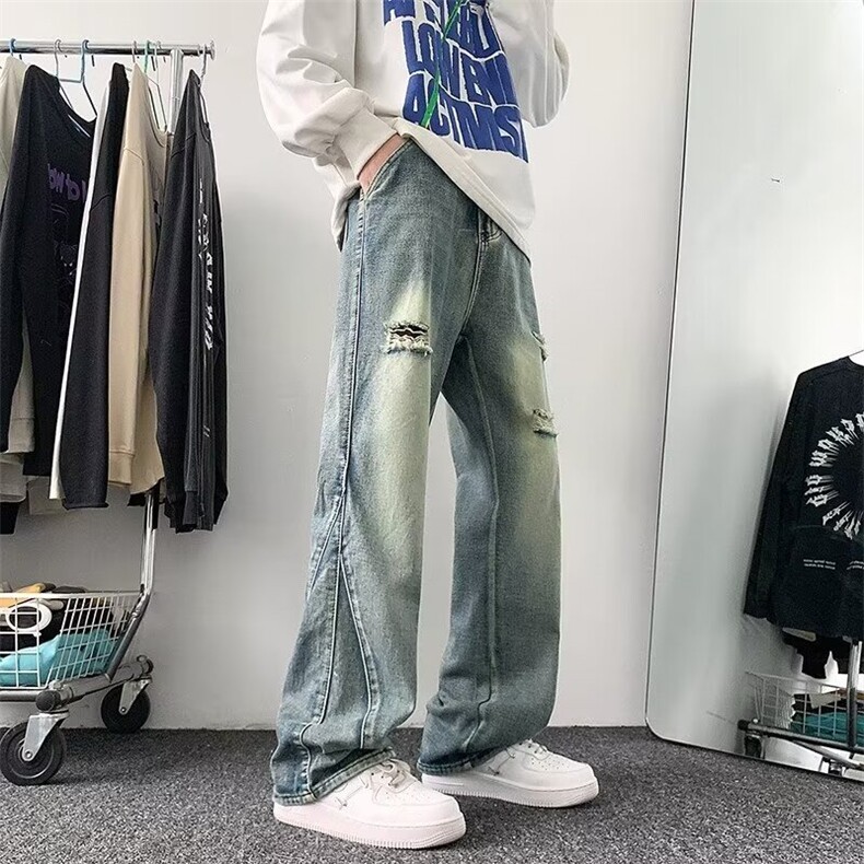 男春夏季新款美式复古潮牌破洞直筒裤子水洗宽松阔腿休闲长裤,男装休闲裤,星座218-1（原230）