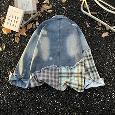美式潮不规则格子拼接破洞牛仔夹克男女复古ins潮流外套W6739-P77，男装工装外套，星座412-3