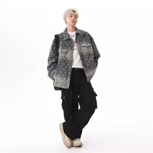 有货DJK2560-批80美式复古满印牛仔春秋潮牌免烫夹克图片