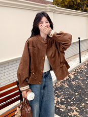 立领通勤学院风女春秋秋季美式复古百搭短外套圆领小个子短款时尚，女装短外套，浙宝106