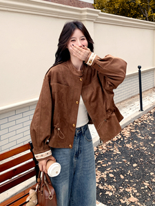 立领通勤学院风女春秋秋季美式复古百搭短外套圆领小个子短款时尚图片